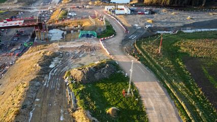 Aerial view of road building infrastructure. A417 bypass, Cotswolds, UK