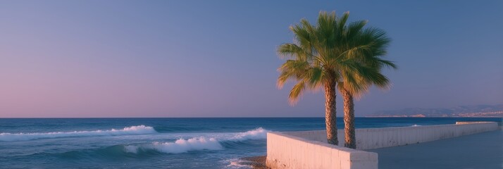 Twin palm trees rising beside a concrete seawall with gentle ocean waves rolling to the shore, creating a peaceful tropical scene at dusk with a gradient sky