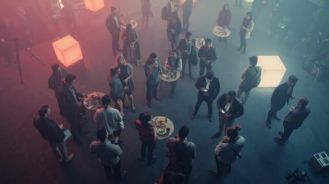 Overhead view of diverse people socializing at a modern evening event with ambient lighting and glowing cube decor, creating a vibrant atmosphere.