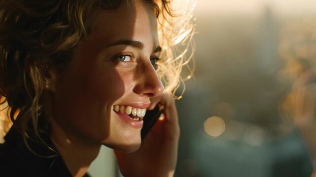 Businesswoman phone call by sunny window, bright cityscape behind her, confident smile with natural light reflections, cinematic warm tones expressing connection and intelligence, modern lifestyle moo