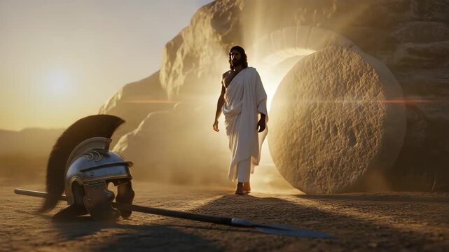Empty tomb of Jesus at sunrise with Roman helmet and spear. Concept of Easter, resurrection, and triumph over death.
