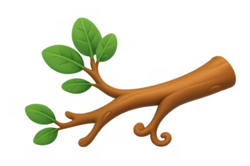 Tree branch cartoon 3d rendering with green leaves, nature growth and environment concept, transparent background asset