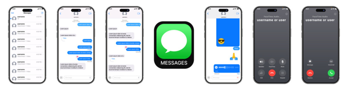 iMessage & FaceTime UI Screens &ndash; Apple Messages Interface Mockups for iOS & iPhone Display Layouts.