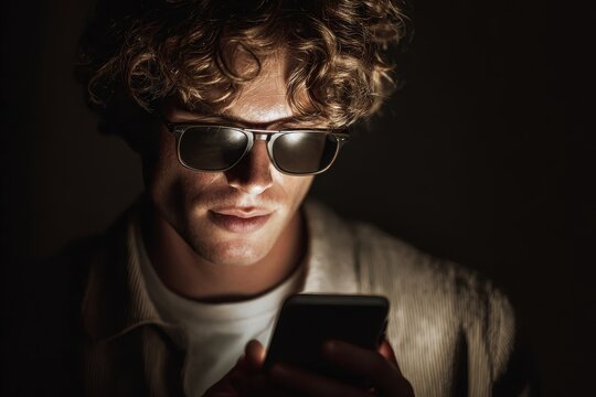 Young Blind Man Sending Voice Message on Phone