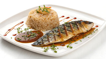 Delicious grilled fish with rice and sauce on a white plate