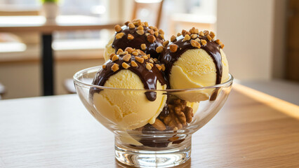 Creamy vanilla ice cream topped with chocolate and nuts in bowl  