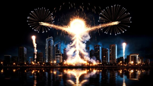 Firework display over city skyline transforming from Christmas tree shape
