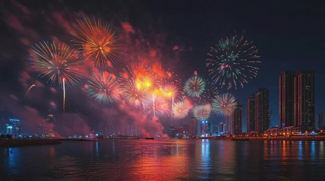 Spectacular Fireworks Display Over City Skyline at Night