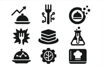 Culinary Icons Revolution. Solid style icons of culinary trend visuals: gourmet trend chart, futuristic fork, plated pixel icon.