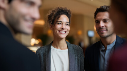 Smiling professional woman networking with colleagues in modern office environment, expressing confidence and positivity during business meeting or corporate event