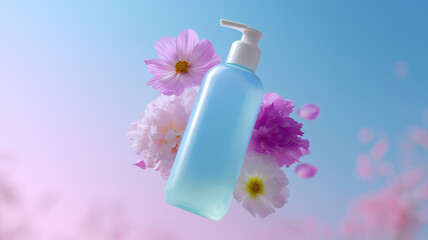 Blue pump bottle body wash round curved shape floating with pink and white flowers soft pastel background fresh and graceful floral clean beauty skincare