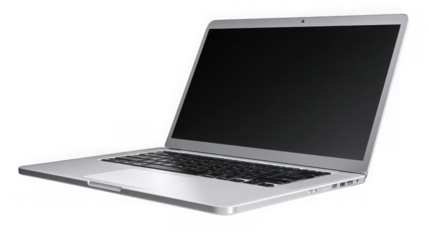 Sleek silver laptop isolated on transparent background with a black screen
