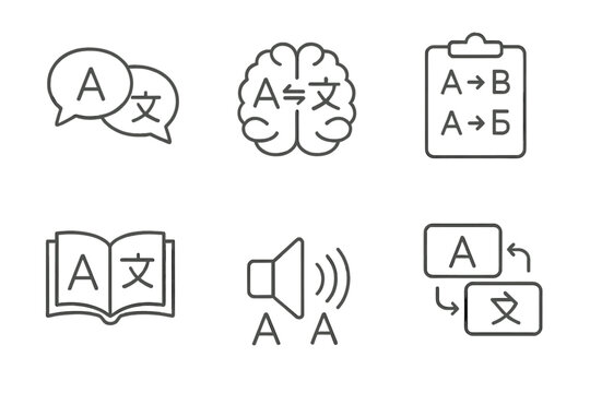 Bilingualism and Neuroplasticity Icons. Line style icons of bilingualism and neuroplasticity: two-language speech bubble,