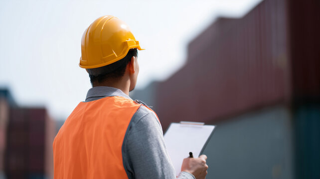 Logistics manager wearing orange safety vest and yellow hard hat holding clipboard, overseeing cargo containers at shipping yard, focused and professional atmosphere