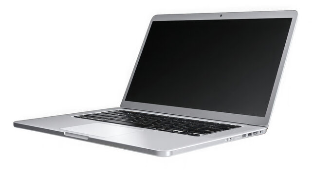 Sleek silver laptop isolated on transparent background with a black screen