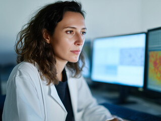 Scientist analyzing air quality data on computer in laboratory, focused expression, modern technology, environmental research, female researcher, professional workspace