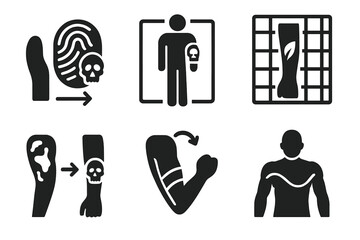 Biometric Tattoo Match. Solid style icons of biometric tattoo matching: fingerprint to tattoo icon, body-scan stencil match,