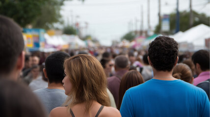 Crowded street fair with diverse people walking among local vendor tents, outdoor market atmosphere, lively community event, summer day, social gathering, festive mood