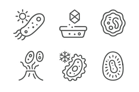Extremophile Line Icons. Line style icons of extremophiles in astrobiology: thermophile microbe, halophile icon, acidophile cell,