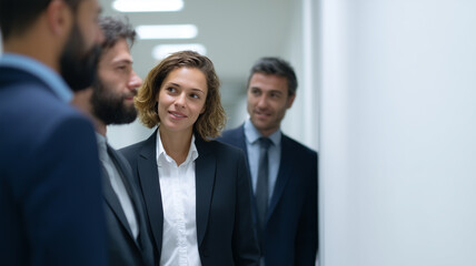Business advisors in suits and casual attire walk through modern office hallway, engaging in friendly conversation and displaying positive, professional expressions