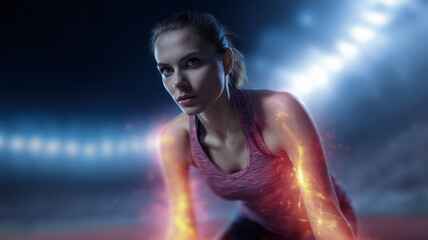 Female athlete in pink sportswear prepares to sprint on stadium track, glowing arms symbolize energy and determination, dramatic lighting and intense focus create powerful atmosphere