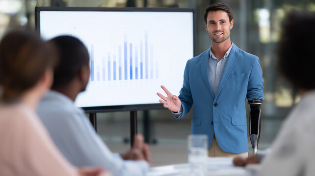 Business professional with visible limb difference presenting data to diverse colleagues in modern office, confident and engaging, business meeting, teamwork, and inclusion