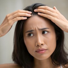 Concerned Woman Examining Her Hairline, Worried About Hair Loss