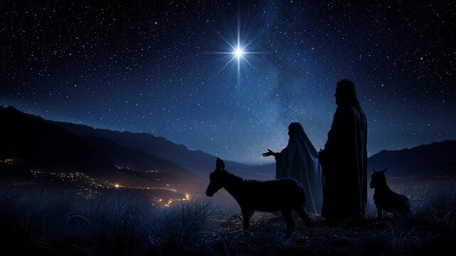 Nativity scene, Christian Christmas concept, Birth of Jesus Christ. Family with holy child in barn in dark blue night.