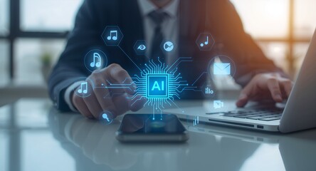 Futuristic AI Workspace on a Desk