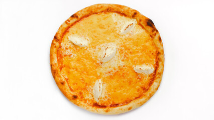Classic Four Cheese Pizza (Quattro Formaggi) on White Background, Top View