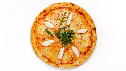 Gourmet Salmon Pizza with Cream Cheese and Fresh Arugula on White Background