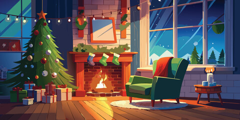 Cozy christmas living room with fireplace and armchair by the window