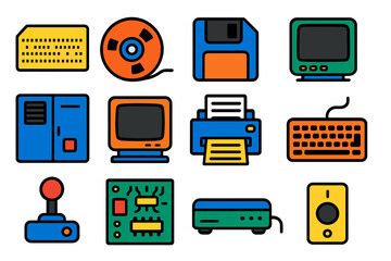 Vintage Tech Icons. Flat vector icons of Vintage Computing Devices: punch card, magnetic tape reel, floppy disk, old terminal,
