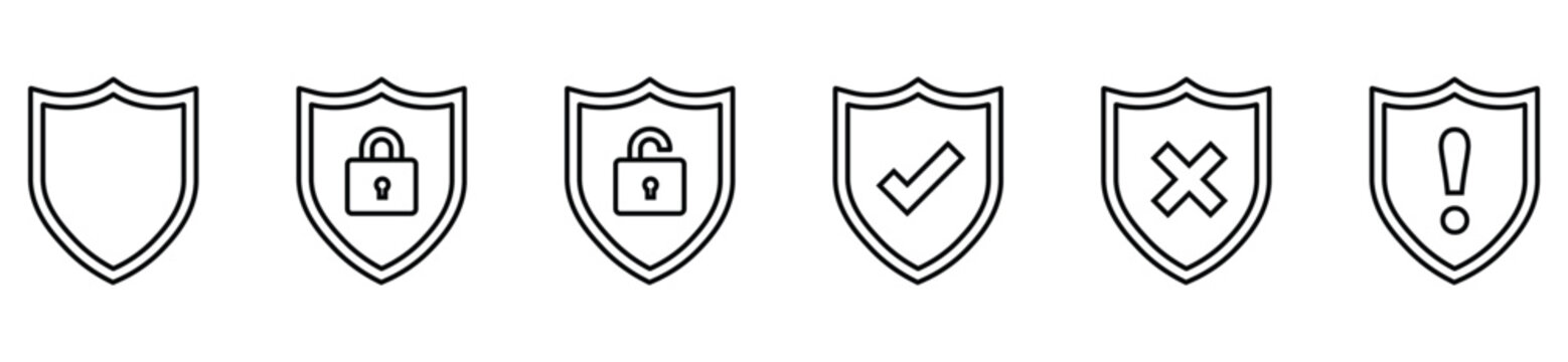 Shield line icon set. Minimal linear security pictograms for web design, mobile apps, and digital protection concepts.