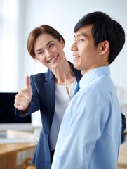Smiling Businesswoman Gives Thumbs Up to Male Colleague