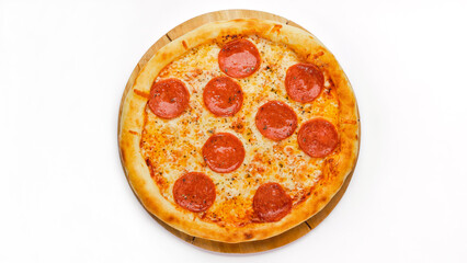 Classic Pepperoni Pizza with Melted Cheese on White Background, Top View