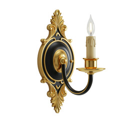 Ornate antique gold wall sconce with lit candle isolated on transparent background