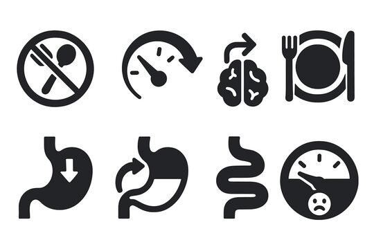 Anti-Hunger Icons. Solid style icons of anti-hunger symbols: reversed hunger icon, appetite meter with backward flow, satiety