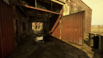 An old warehouse stands abandoned, its rusty doors wide open. Broken pavement leads to a quiet space, illuminated by warm golden light, reflecting a sense of nostalgia and decay.