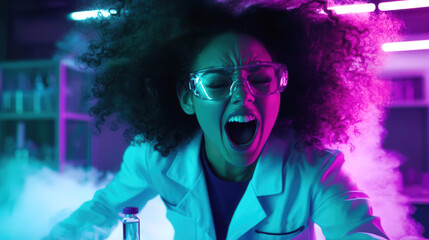 A woman chemist with protective glasses, messy hair and expressive face in the laboratory. Creative madness in lab concept. Blurred cyber background with neon glowing .