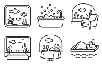 Underwater Hotel Icons. Line style icons of archer and horse relationship: calm grooming moment, horse being saddled,