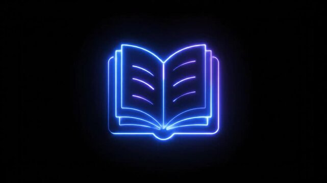 Open book glowing with neon blue and purple outlines on black backdrop. Simple graphic art