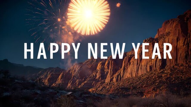 Happy New Year wishes over a desert landscape with fireworks exploding creating a festive and celebratory atmosphere