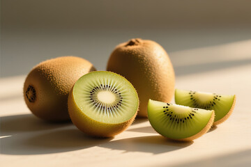 Set of fresh kiwi fruit whole, half and cut slice illustration.
