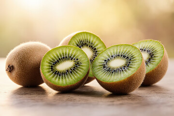 Set of fresh kiwi fruit whole, half and cut slice illustration.