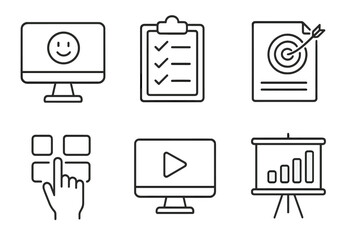 CBE Onboarding Icons. Line style icons of onboarding to CBE system: welcome to CBE screen, orientation checklist, goal-setting