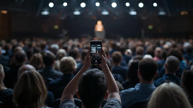 Audience member recording a speaker on stage with a smartphone at a crowded conference or live event, capturing modern digital engagement