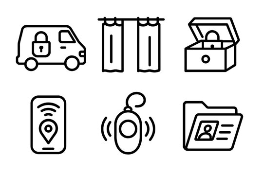 Security Line Icons. Line style icons of security and privacy: van lock system, privacy curtain icon, secret stash box, GPS