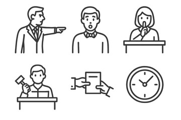Fototapeta premium Courtroom Icons. Line style icons of Courtroom Dynamics: pointing lawyer, surprised witness, quiet juror, judge with gavel raised,