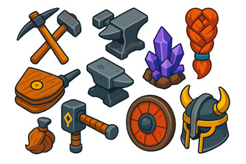 Mythical Blacksmith Icons. Isometric vector illustration set Mythology and folklore &ndash; mining pick, hammer and anvil, beard braid;